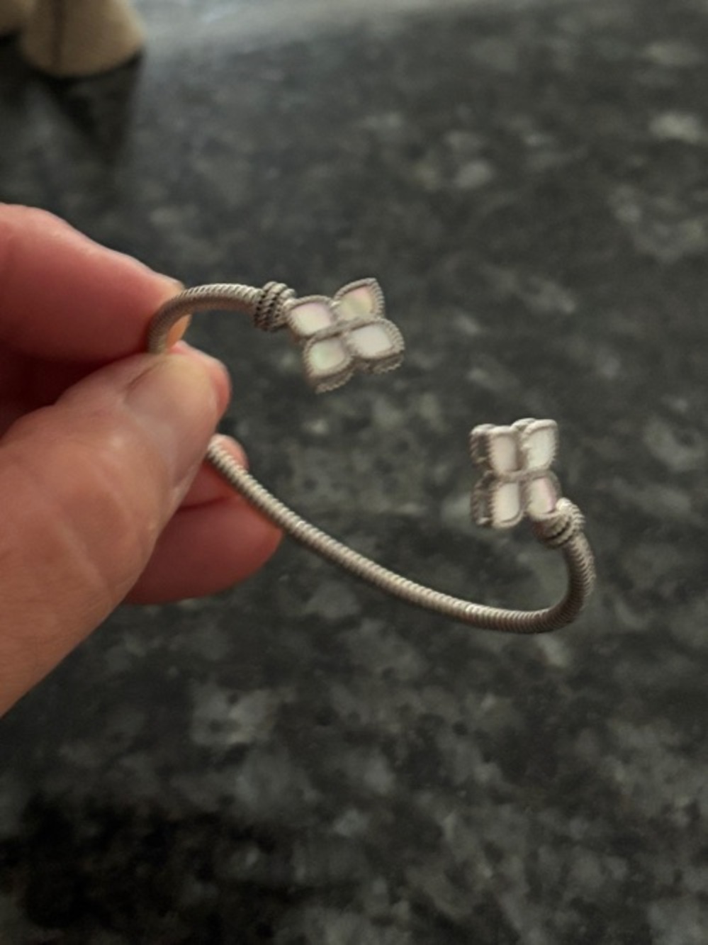 Park Lane Silver Cuff Bracelet with White Mother-of-Pearl Clover Flower Ends